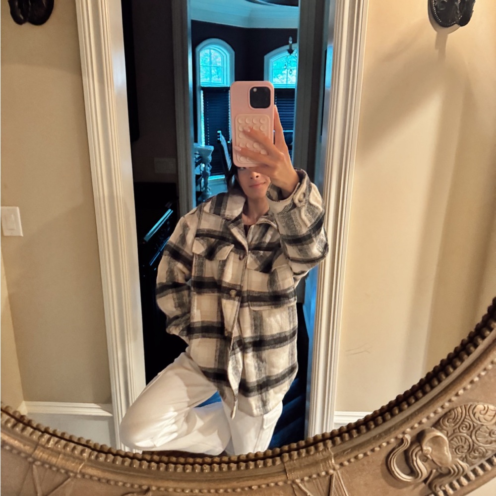 Garage Cream Black Gray Plaid Vicinity Oversized Quilted Shacket